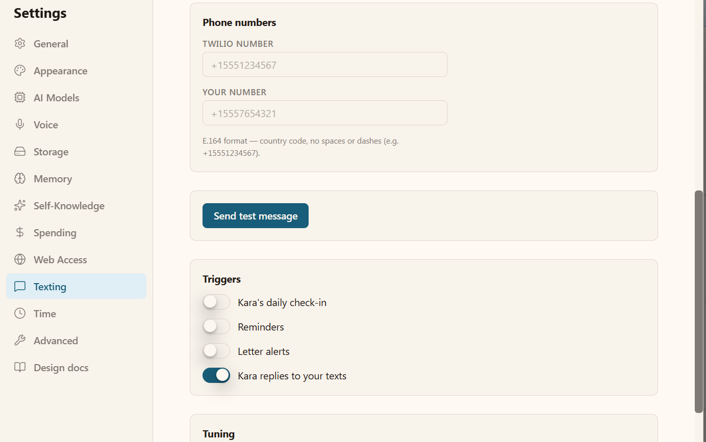 The same settings panel scrolled down, showing a Phone numbers section with a Twilio number field and a 'YOUR NUMBER' field, a Send test message button, and Triggers toggles for Kara's daily check-in, Reminders, Letter alerts, and Kara replies to your texts.