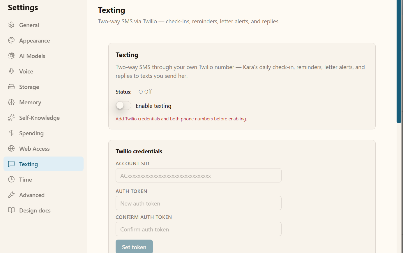 The Texting section of the application's Settings, showing the status as Off, the Enable texting switch turned off, and a notice reading 'Add Twilio credentials and both phone numbers before enabling.'